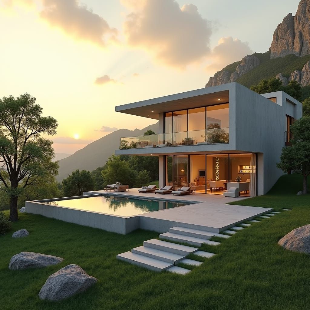Modern Concrete House with Infinity Pool at Sunset
