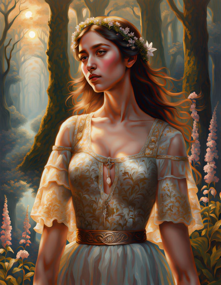 Ethereal Filipina Woman in Sun-Dappled Ancient Forest