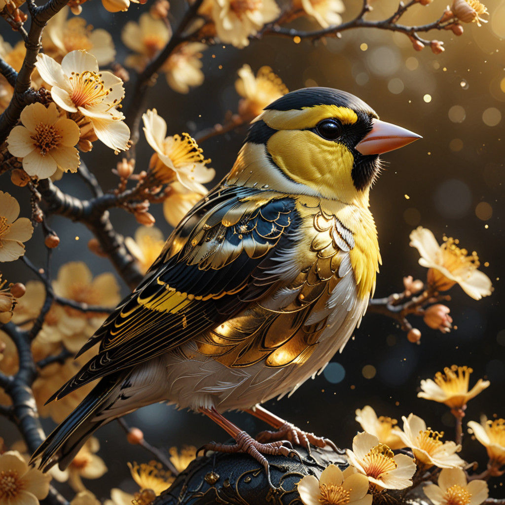 Hyper-Realistic Goldfinch in Ornate Macro Photography
