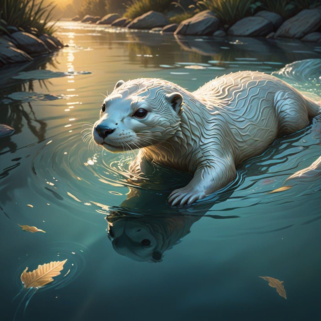 Ethereal White Otter Swimming in Golden Hour Light