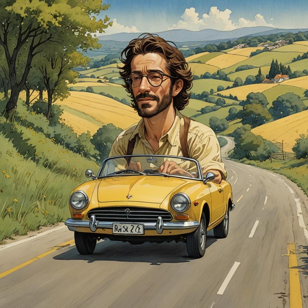 Happy Man Driving Yellow Car in Animated Style