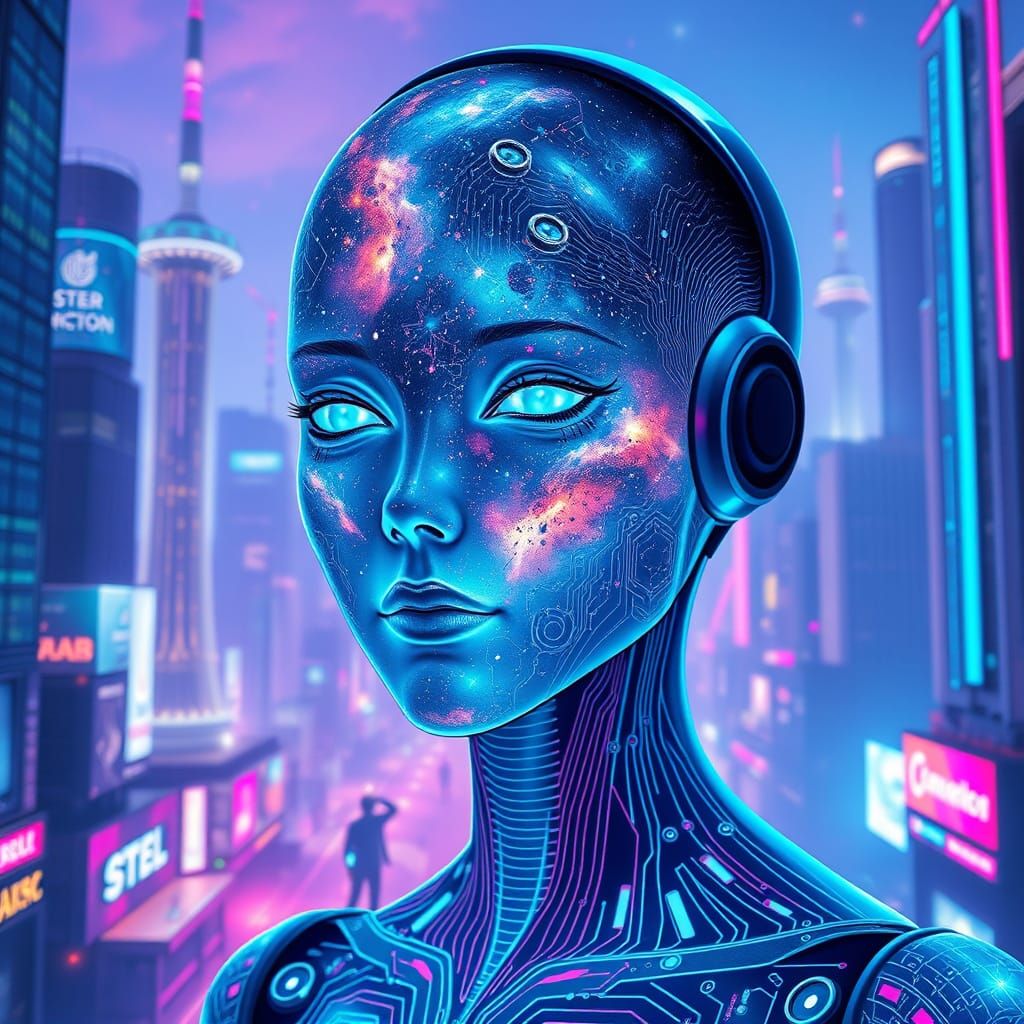 Galactic Cybernetic Humanoid in Neon Cityscape