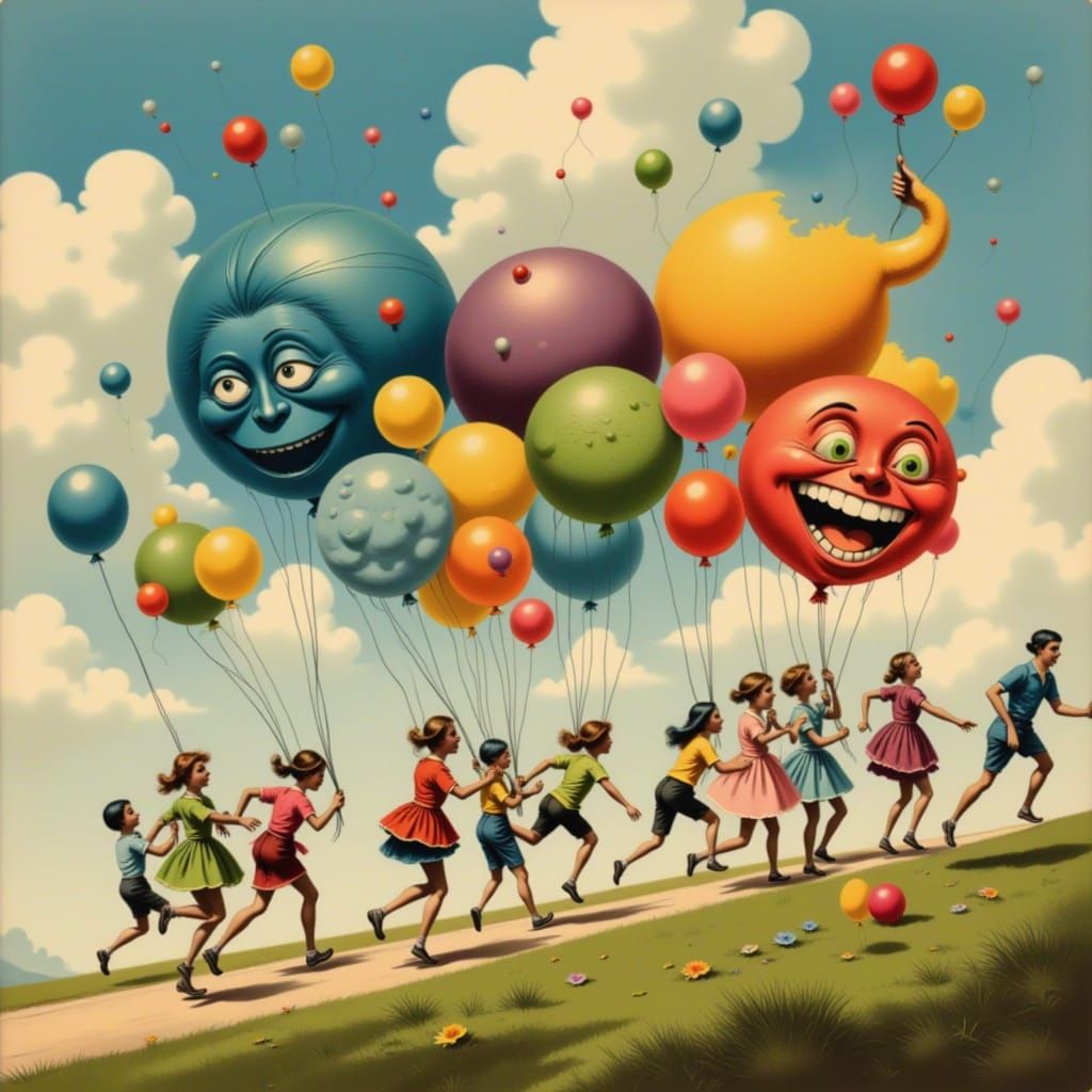 Joyful Children Run with Smoke Faces Under Golden Hour Cloud...