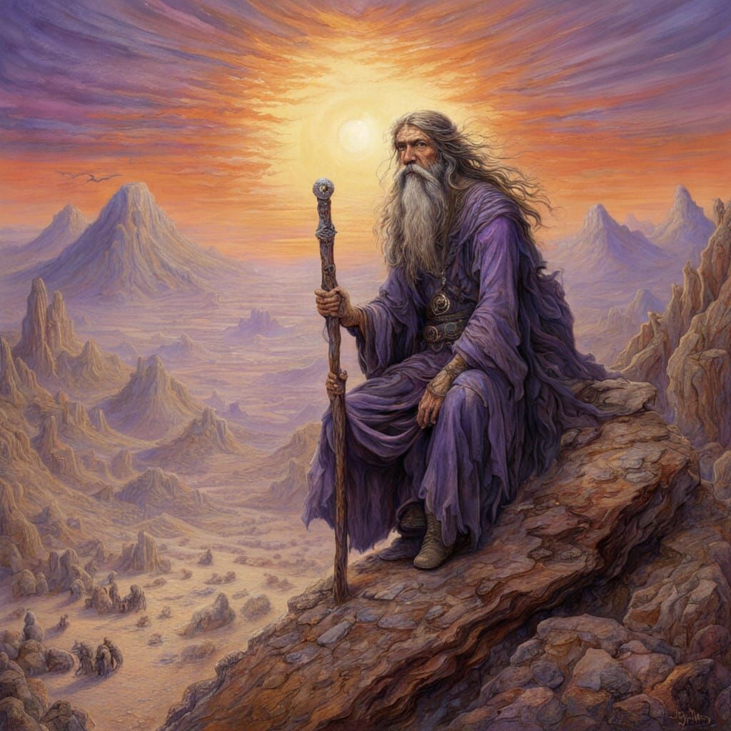 Mystic Desert Sorcerer in a Stormy Stone Wasteland