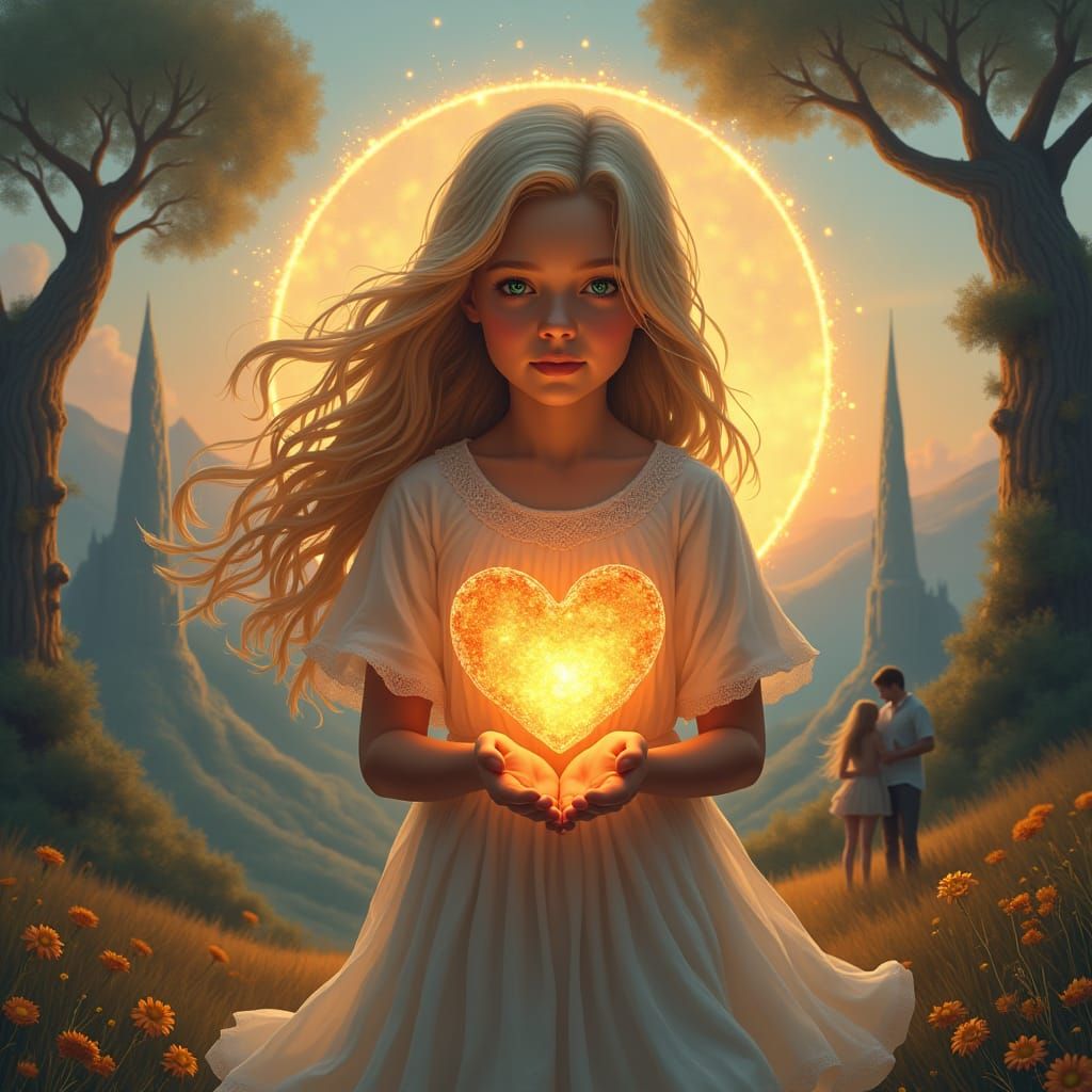 Girl with Flaming Heart in Fantasy Landscape