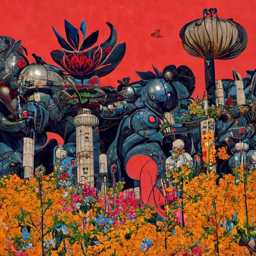 Atompunk Flower Garden in Ukiyo-e Style