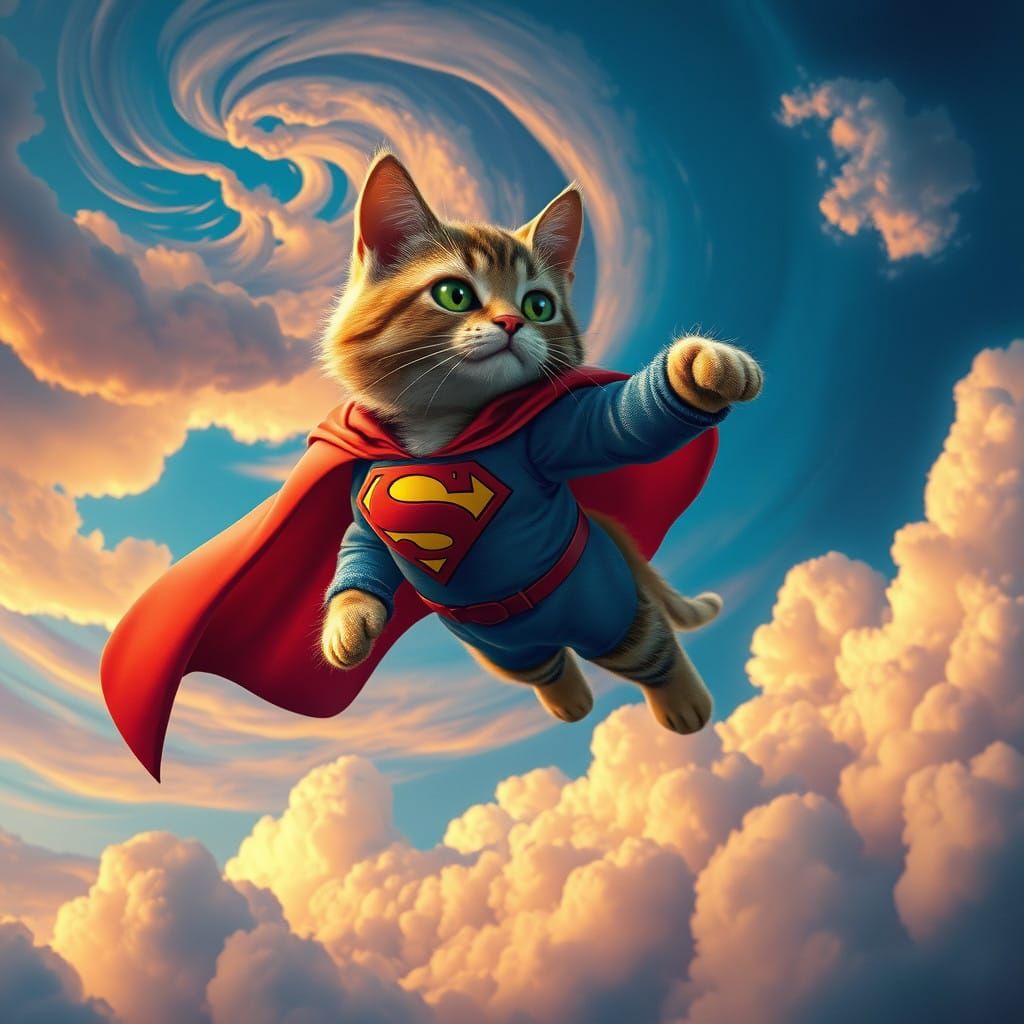 Whimsical Cat Swings Through Dreamlike Skies in Superman Cap...