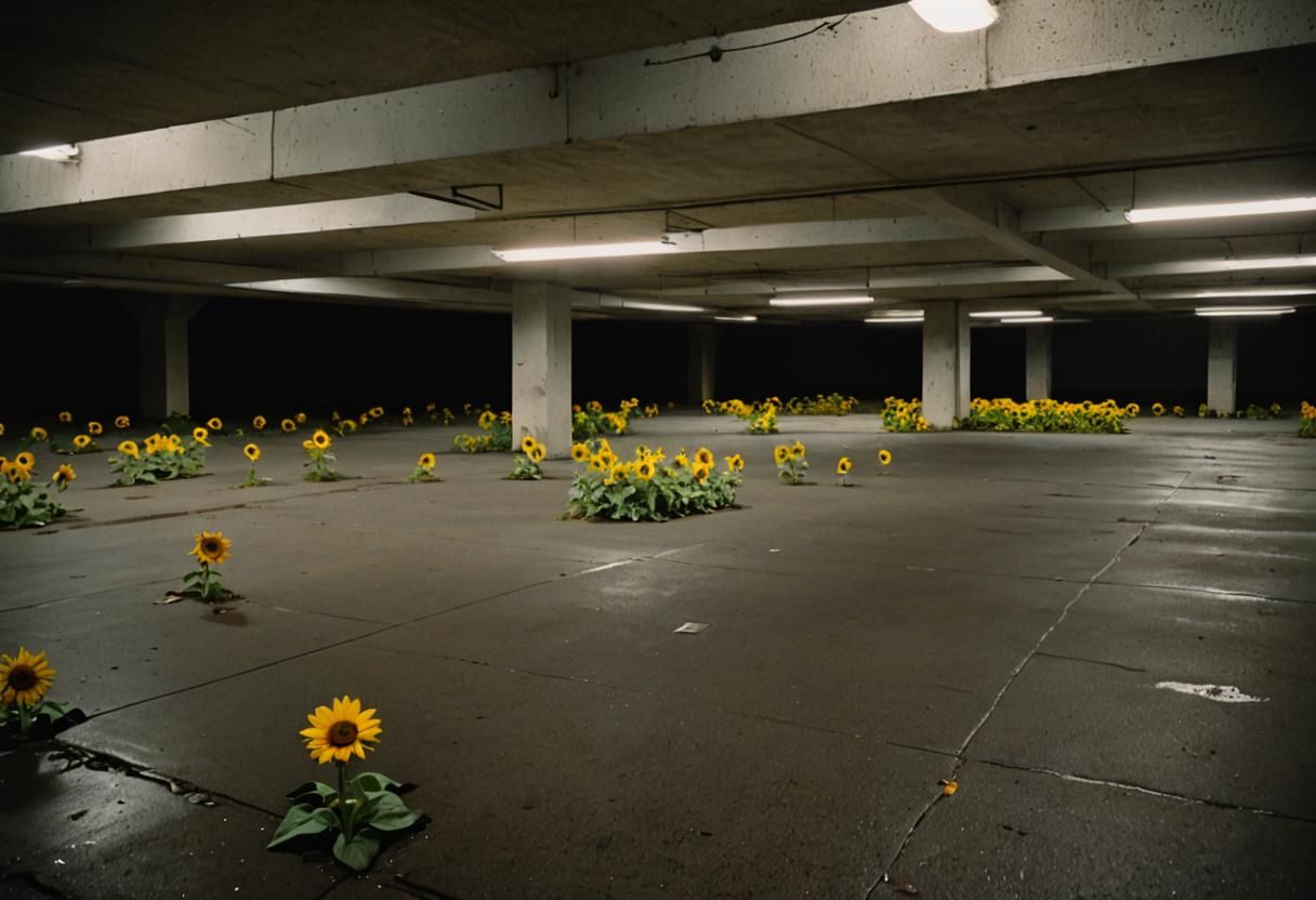 Eerie Liminal Space: Sunflowers in Empty Garage