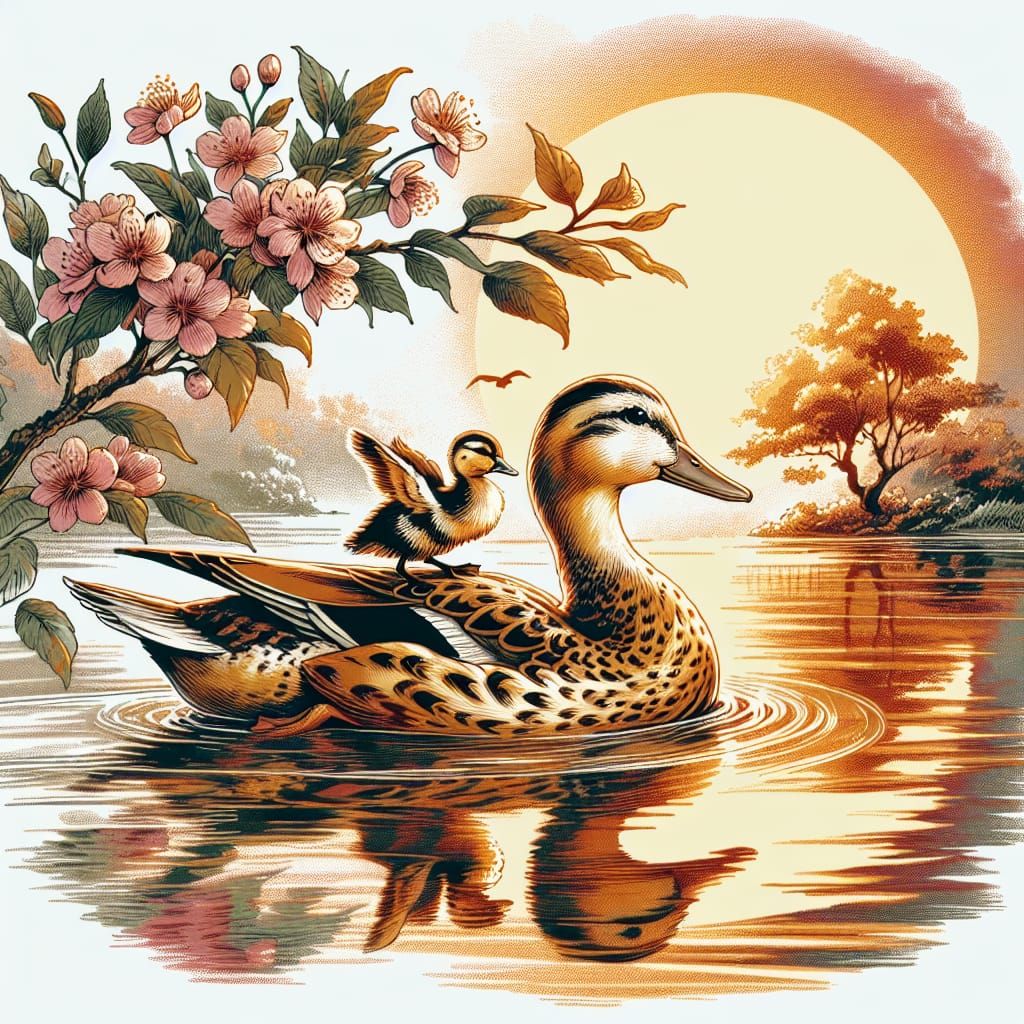 Mother Duck and Duckling in Watercolor Style