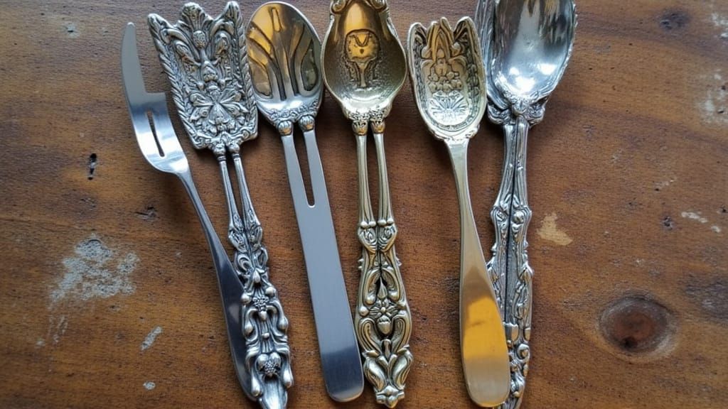 Intricate Metal Cutlery and Shells as Impressionist Art