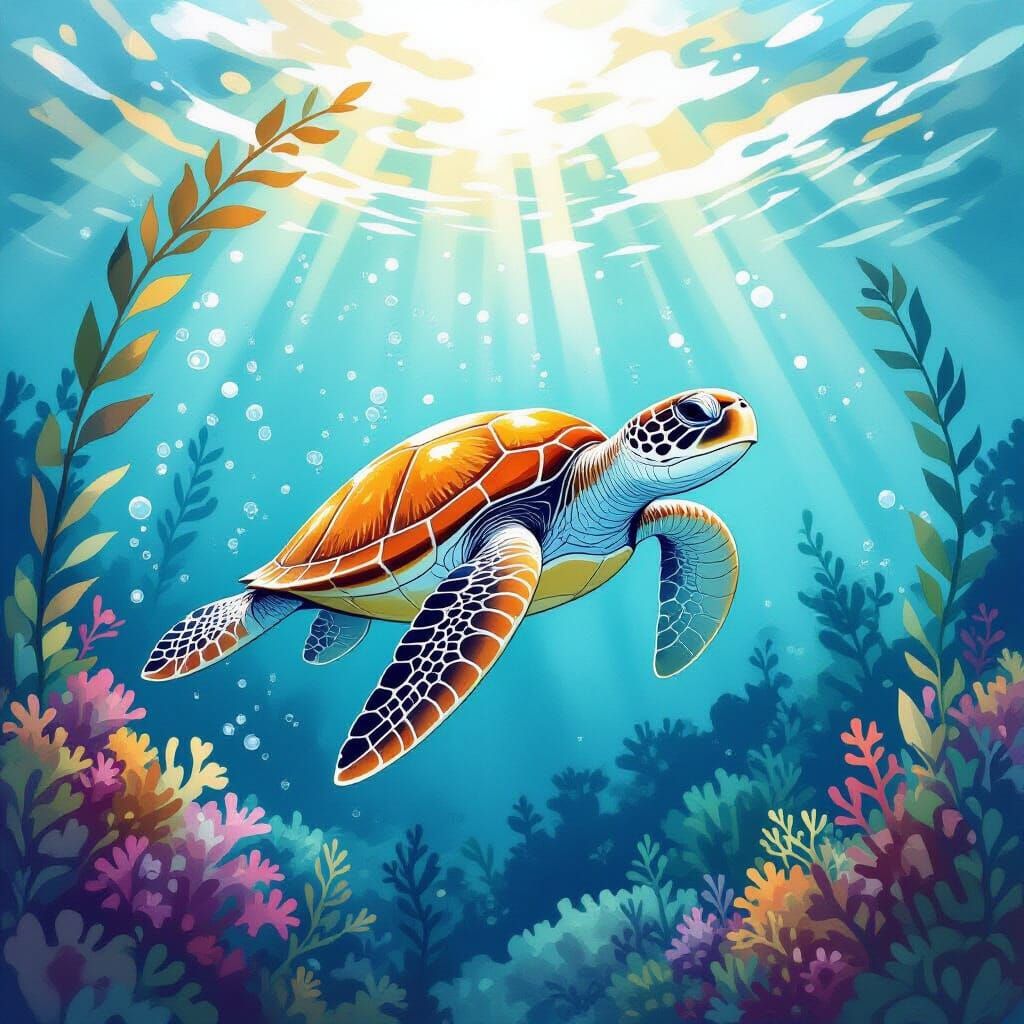Sea Turtle Gliding Through Kelp Forest in Watercolor Style