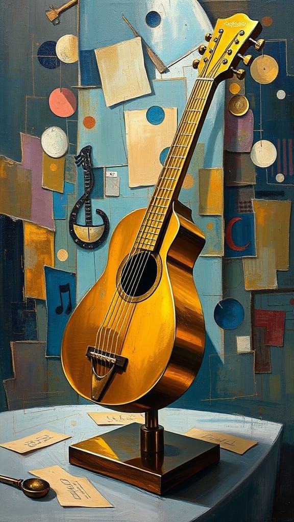 Golden Guitar Sculpture in Surreal Cubist Style
