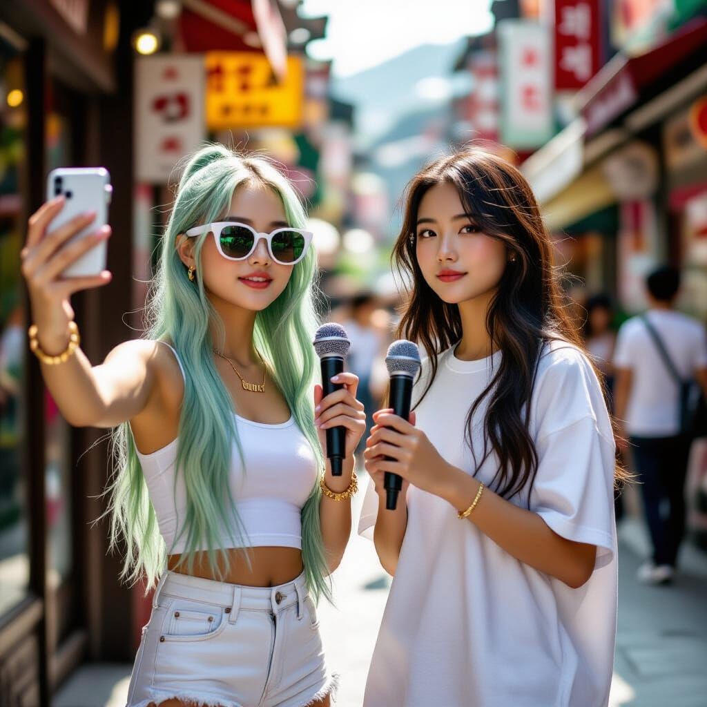 Asian Sisters Posing with Microphones in South Korea