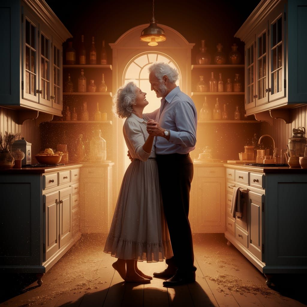 Elderly Couple Dancing in Warm, Magical Kitchen