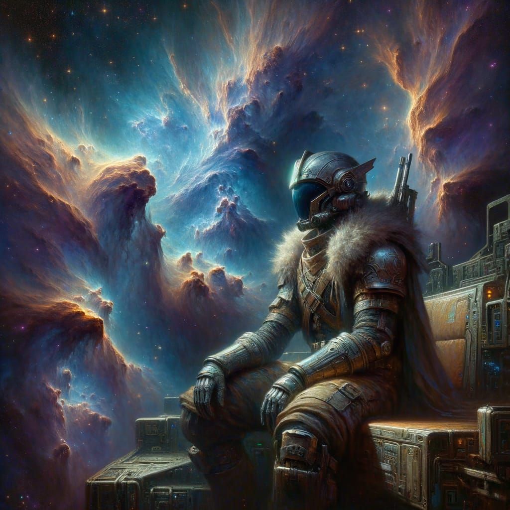 Space Explorer Gazes at Nebula in Realistic Oil Painting
