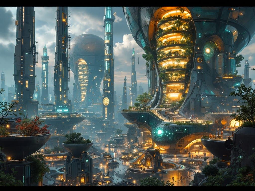 Cyberpunk Solarpunk Cityscape: Futuristic Eco-Domed Metropol...