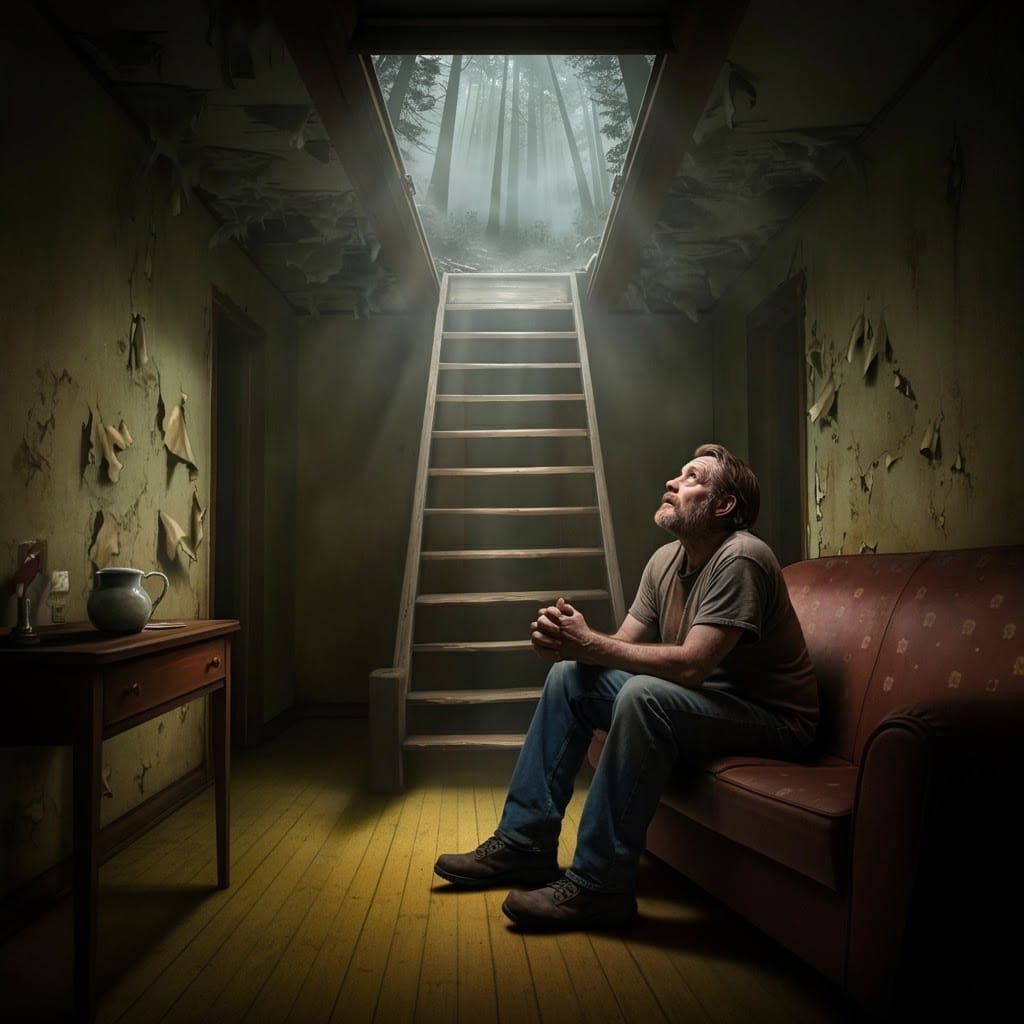 Man Gazing at Doorway to Misty Woods