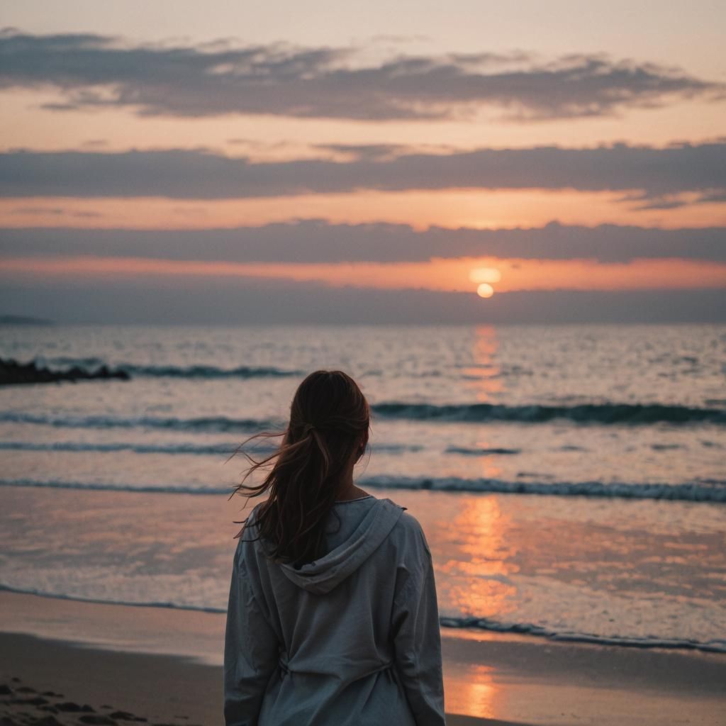 Girl Watching Sunset on Beach