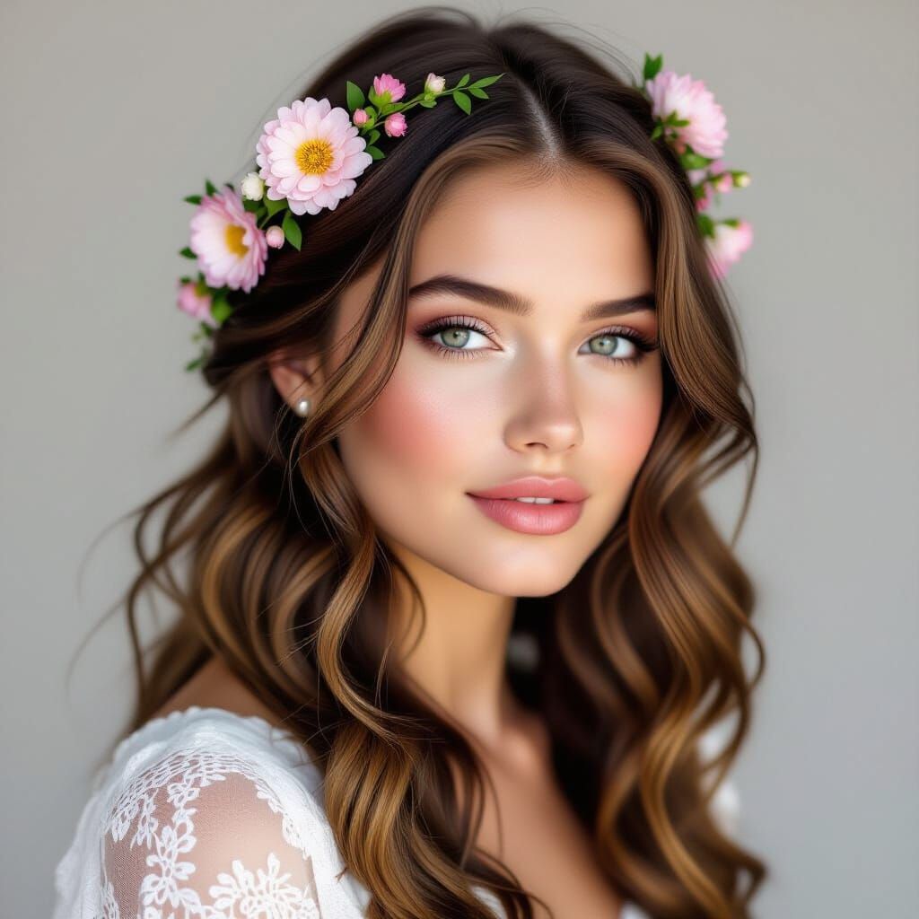 Dreamy Portrait of Woman with Flowers in Hair