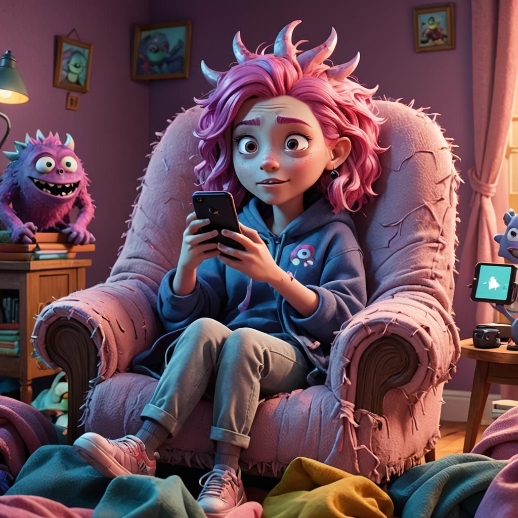 Pink-Haired Monster Girl in Recliner: Pixar-style 3D Art