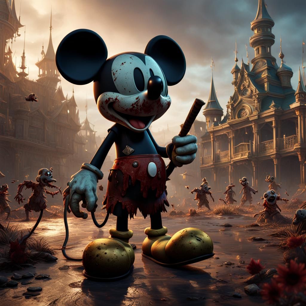 Zombie Mickey Mouse in Detailed Matte Painting Style