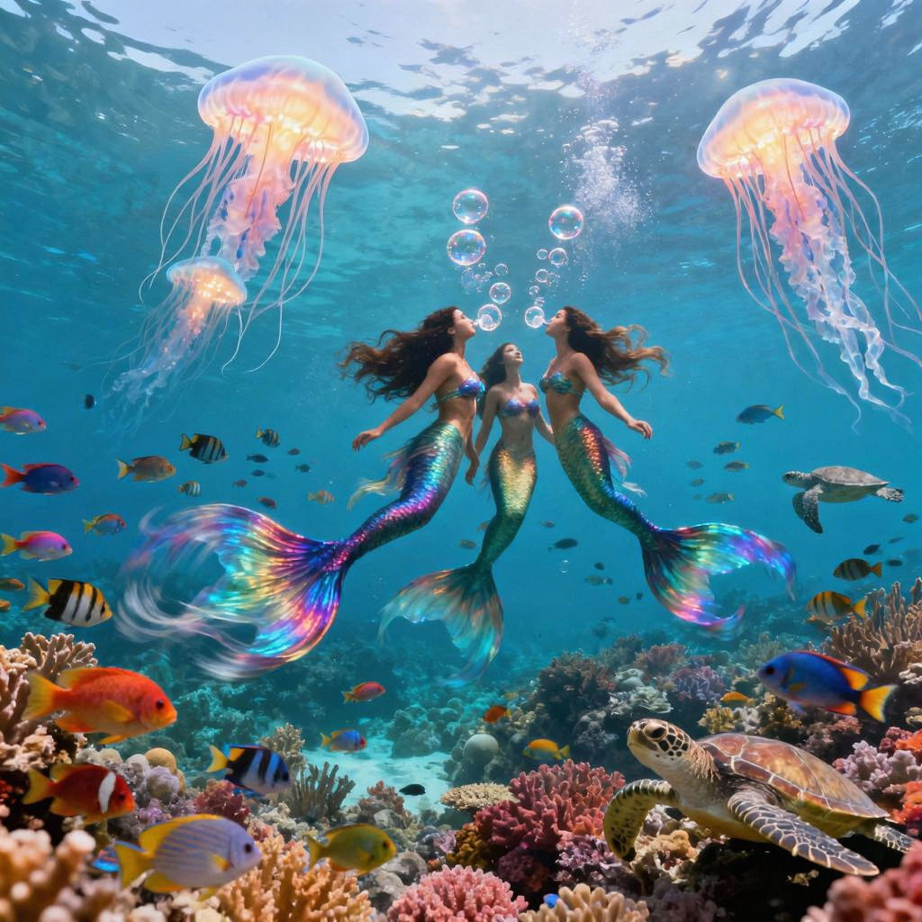 Mermaids Blowing Bubble Rings Underwater