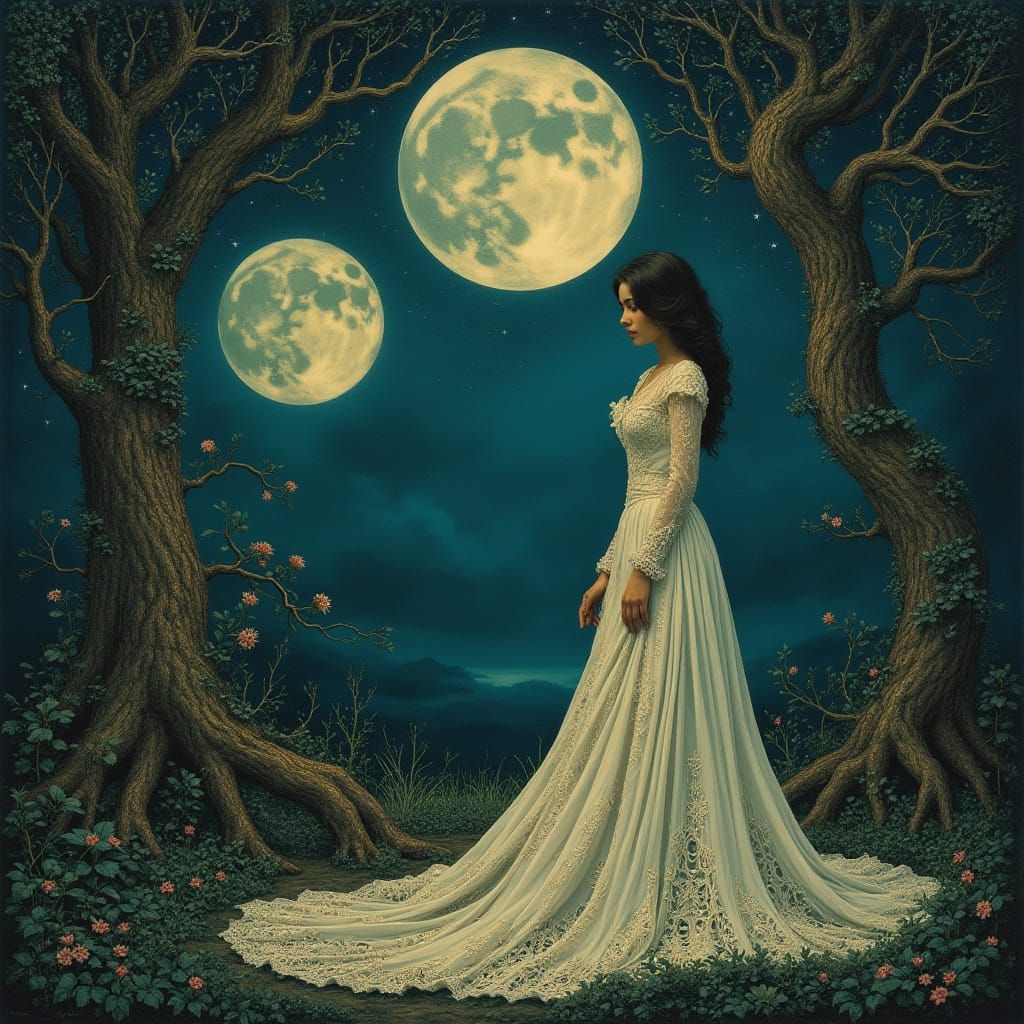 Elegant Woman in Mystical Forest under Full Moons