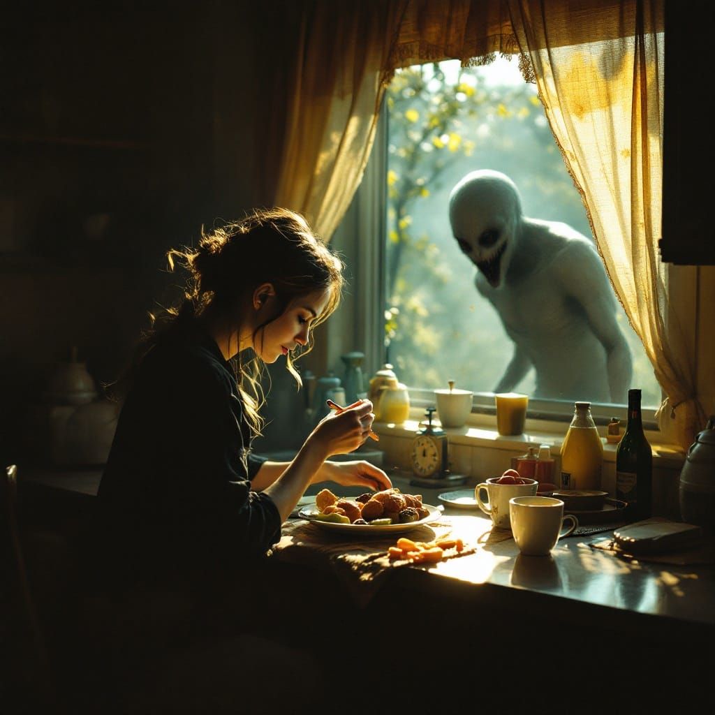 Woman Having Breakfast in a Haunting Kitchen Scene