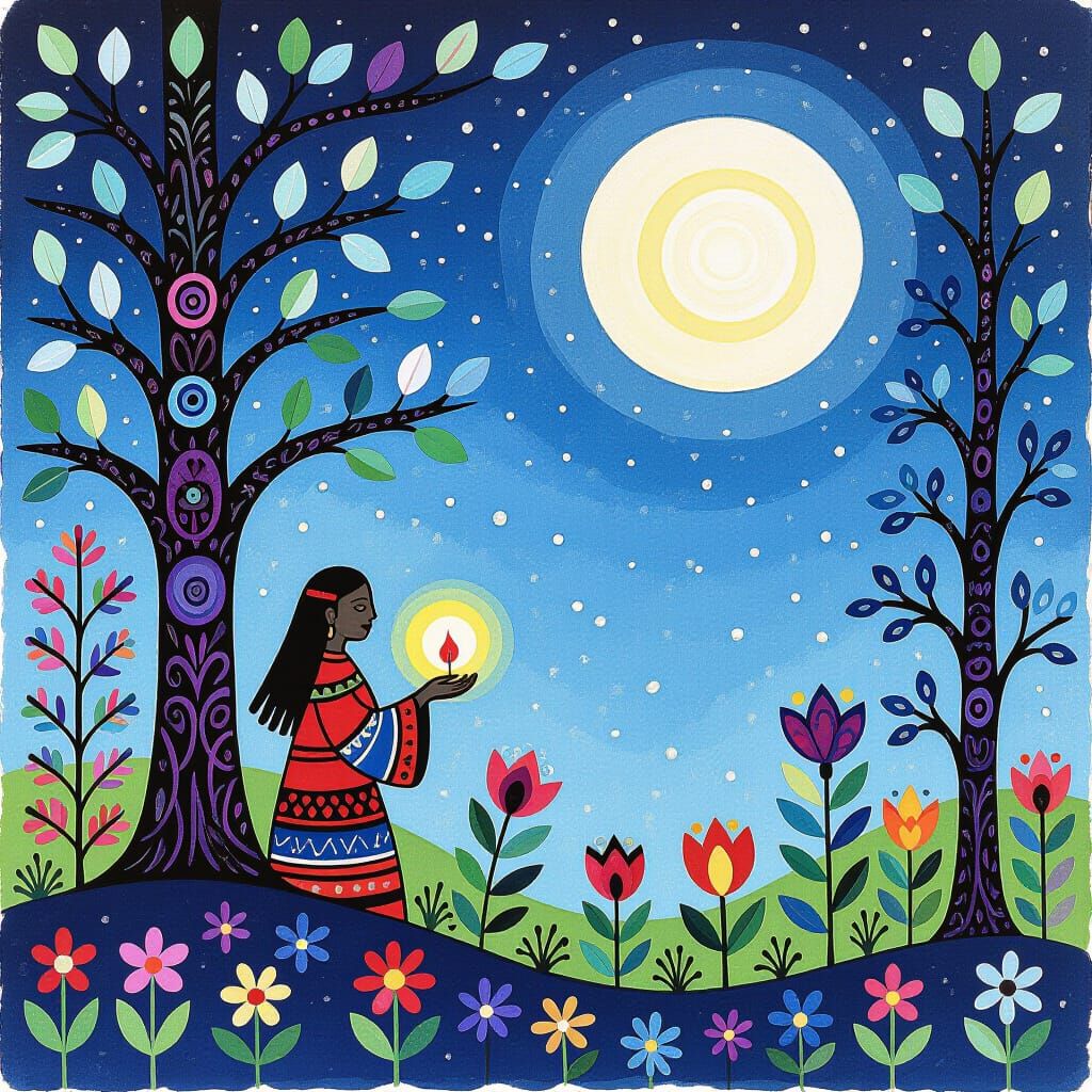 Pagan Spring Offering Under Moonlight, Folk Art Style