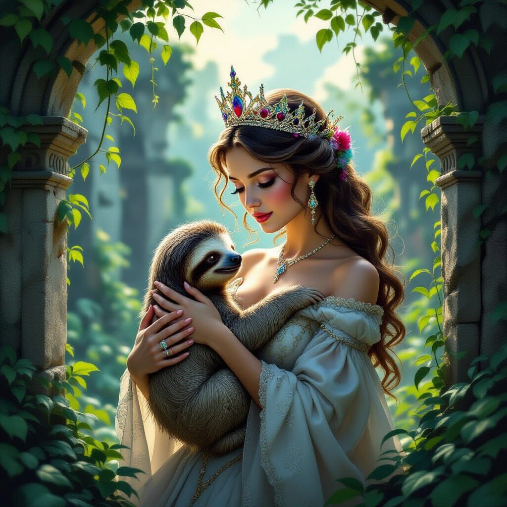 Princess Cradles Sloth in Ancient City Ruins