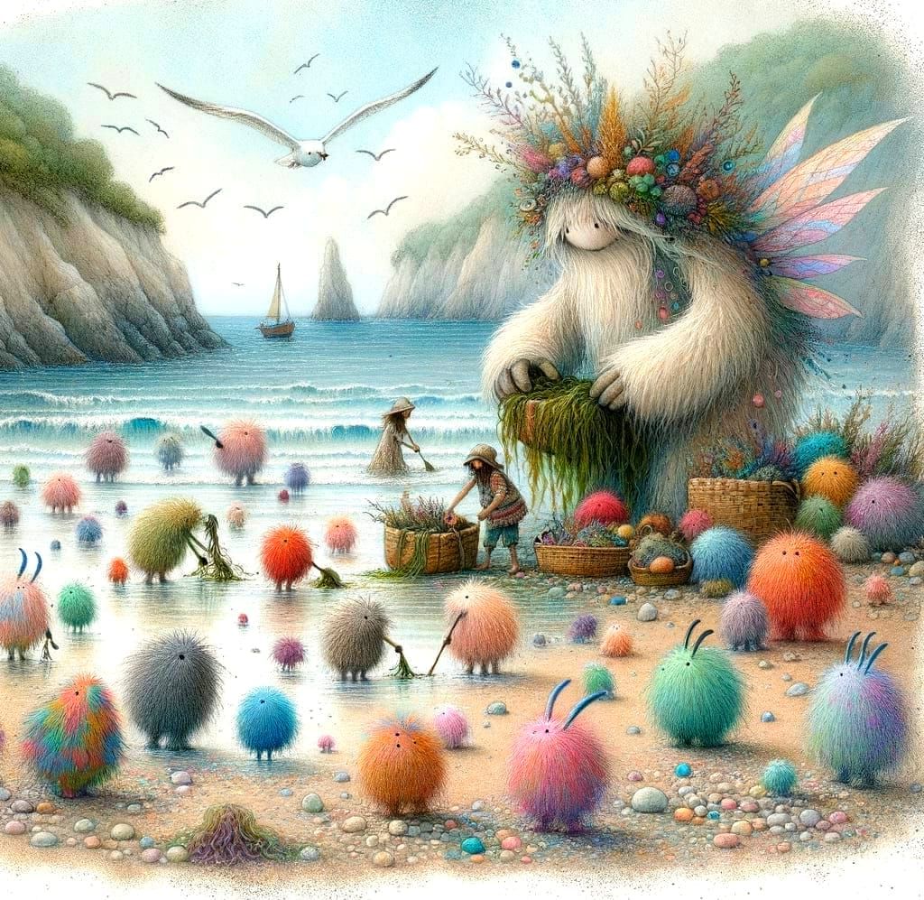 Whimsical Seaside Fantasy with Textured Pencil Strokes