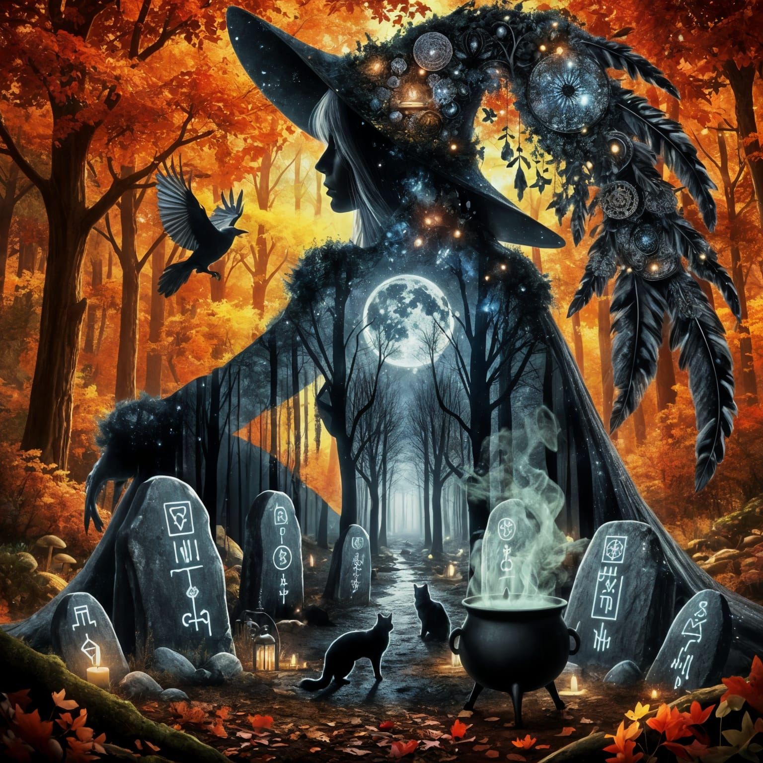 Moonlit Forest Witch Double Exposure