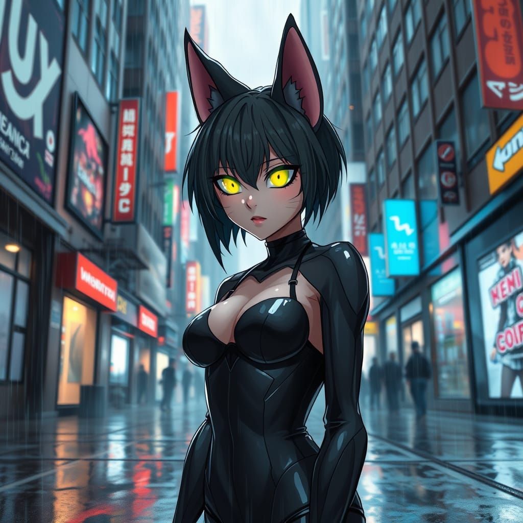 Cyberpunk Neko Girl Defies the Night in a Gritty, Neon-Lit A...