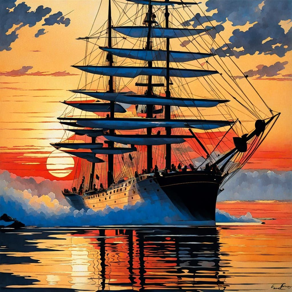 Iridescent Sailing Ship at Sunset in Dreamlike Illustration