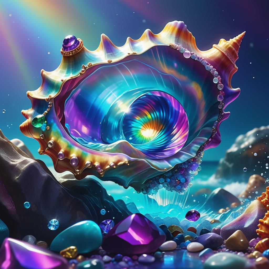 Rainbow Conch Shell Plunges into Gemstone Sea