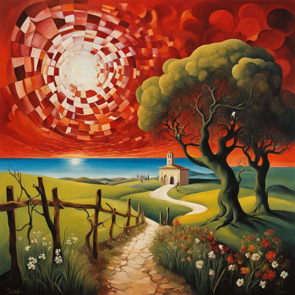 Surreal Gingham Meadow in Oil on Canvas