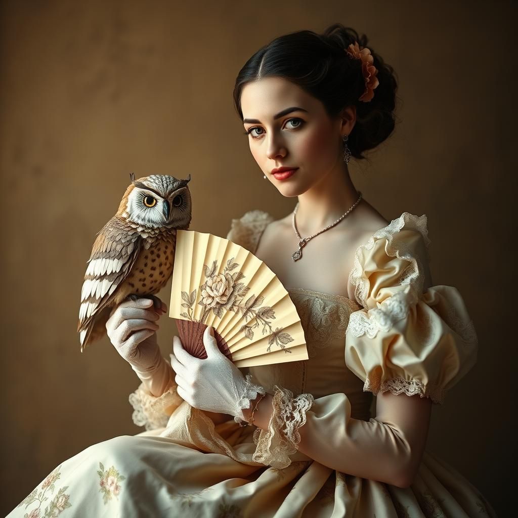 Elegant Woman with Fan and Owl in 18th-Century Style