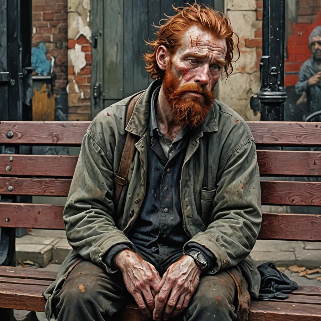 Gritty Realism: Tramp Sitting on Bench in Digital Art
