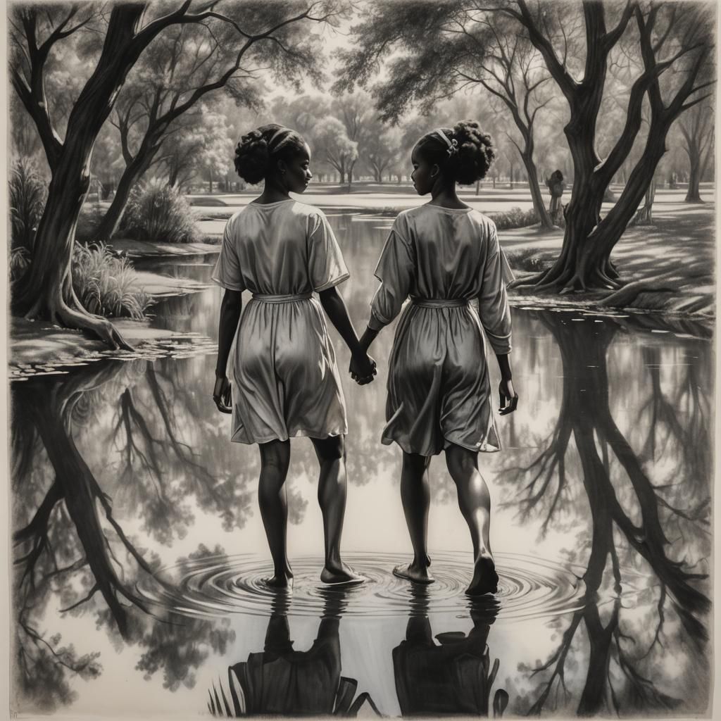 Black Girls Reflected in Pond: Charcoal Drawing