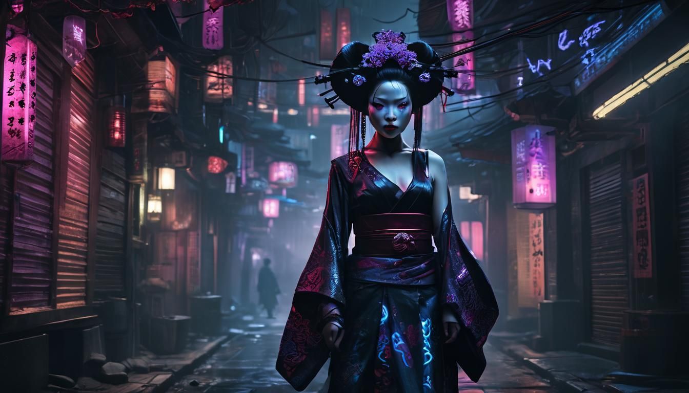 Cyberpunk Geisha Portrait in Eerie Surrealism Style