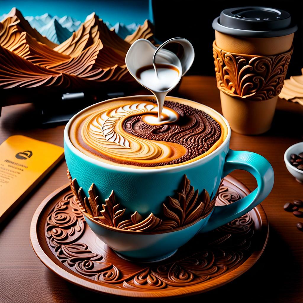 Landscape Carved in Coffee Cup, ArtStation Style