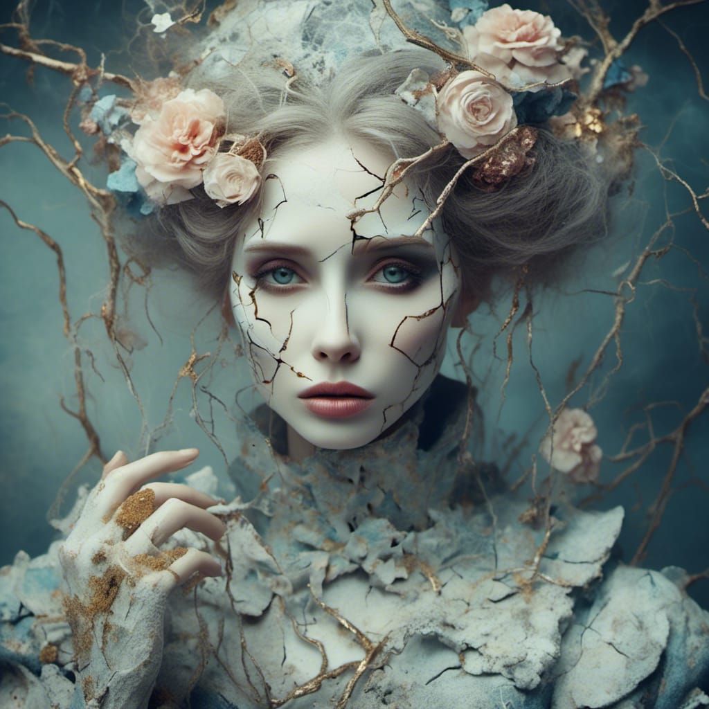 Romantic Porcelain Woman Portrait with Kintsugi Cracks