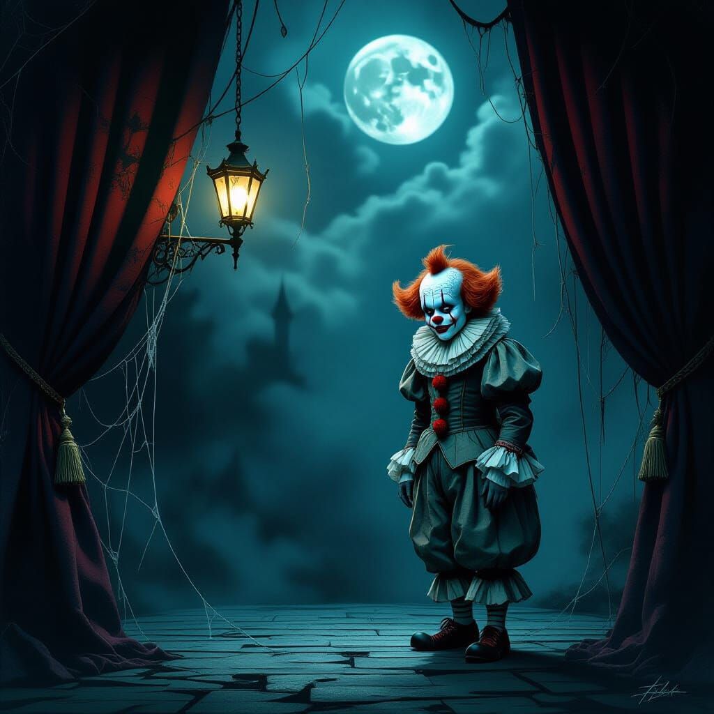 Melancholic Clown on Moonlit Stage