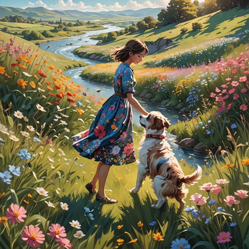 Idyllic Field Scene with Puppy as Digital Art