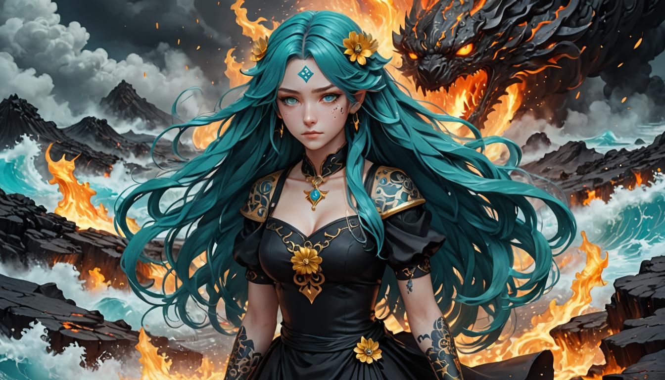 Anime Woman with Tattoos and Lava Flows