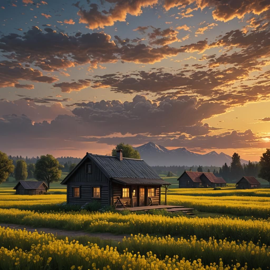 Rustic Cabin in Canola Field at Golden Hour