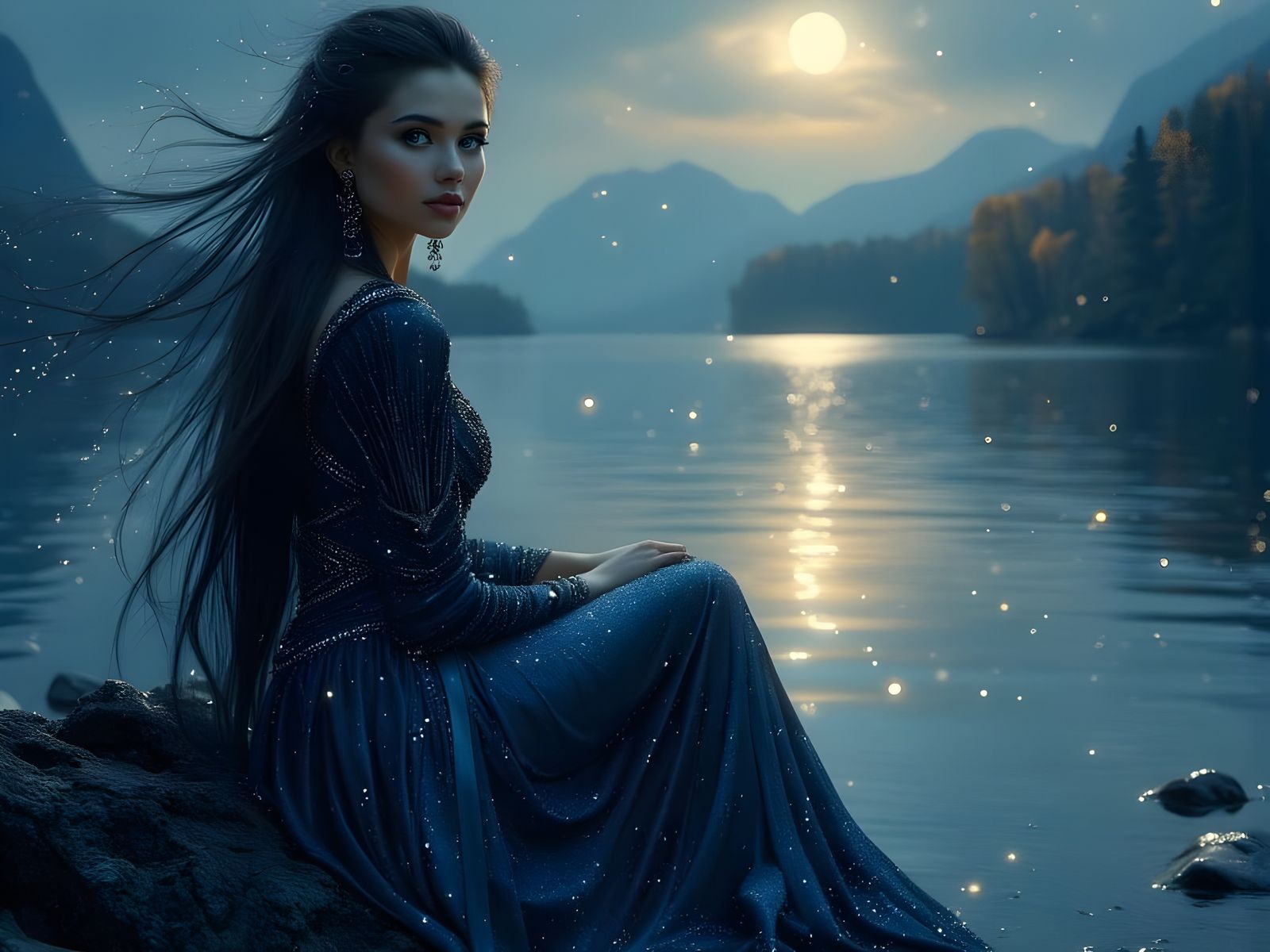 Norse Moon Goddess by Lake in Autumn