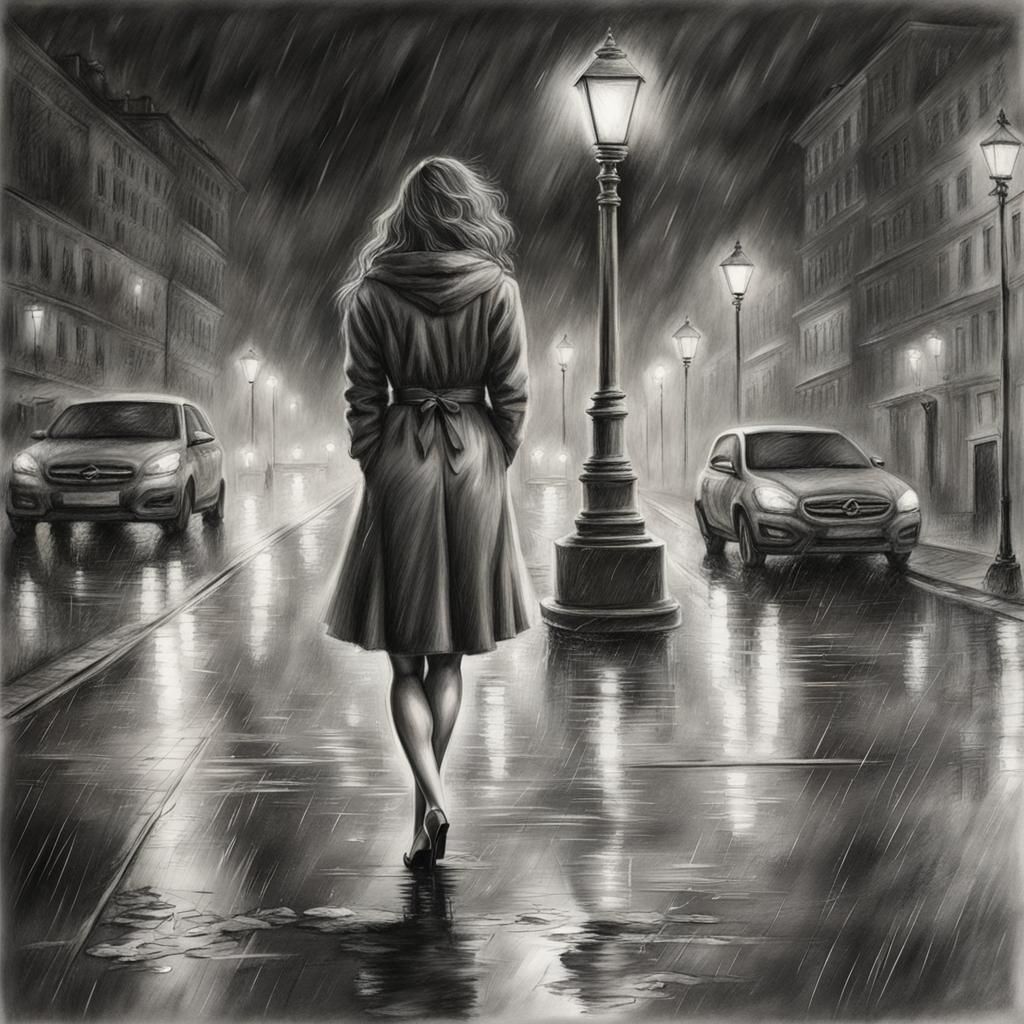 Sensual Woman in Rainy Street Scene: Charcoal Drawing