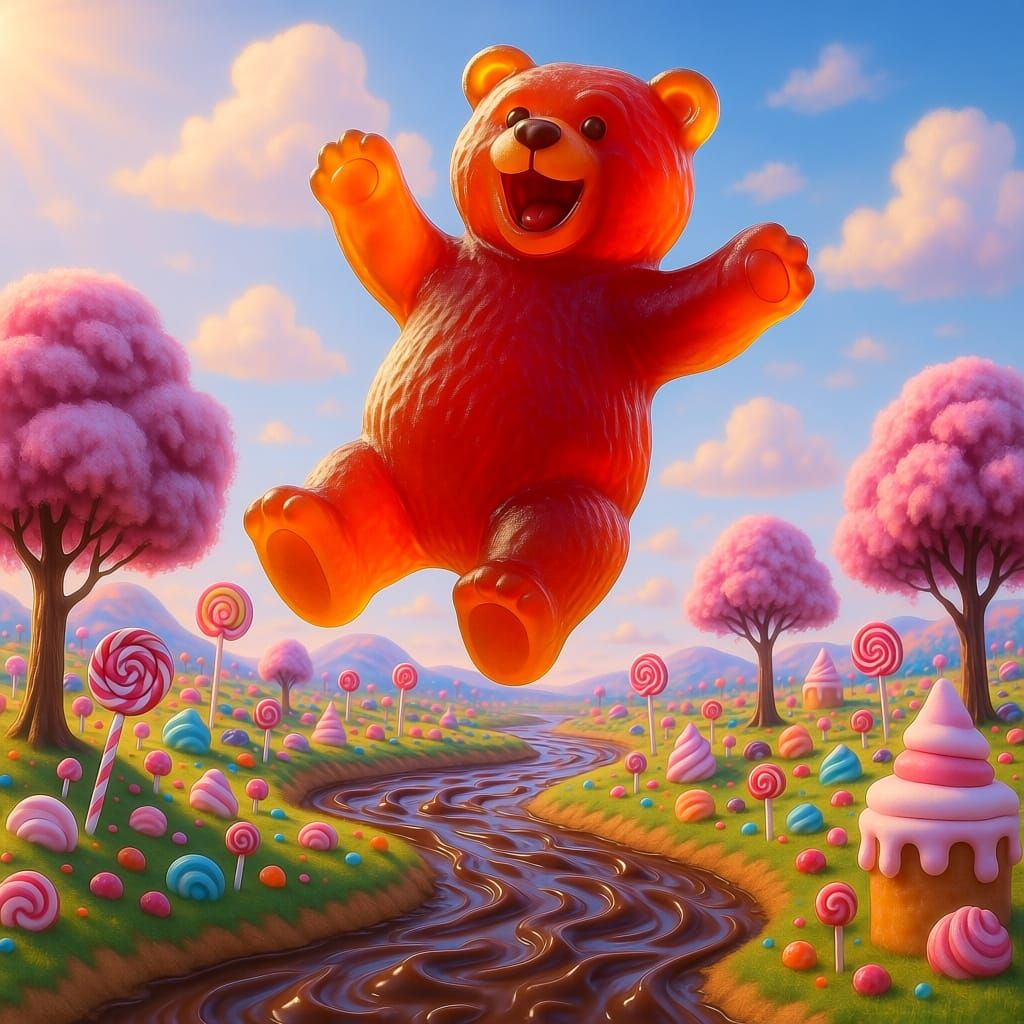 Colossal Gummy Bear Leaps Through Hyperrealistic Candy Land