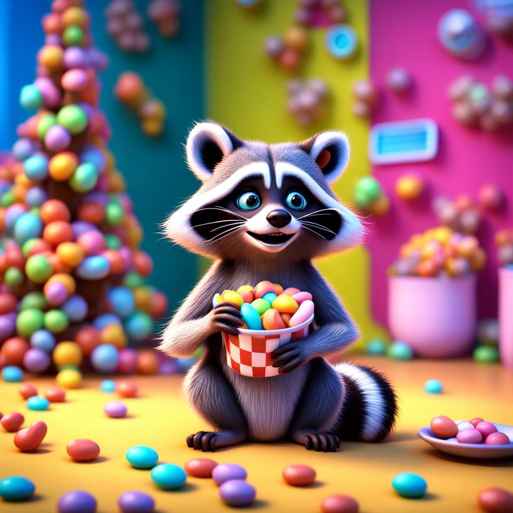 Hyperrealistic Raccoon Eating Candy, 3D Digital Art
